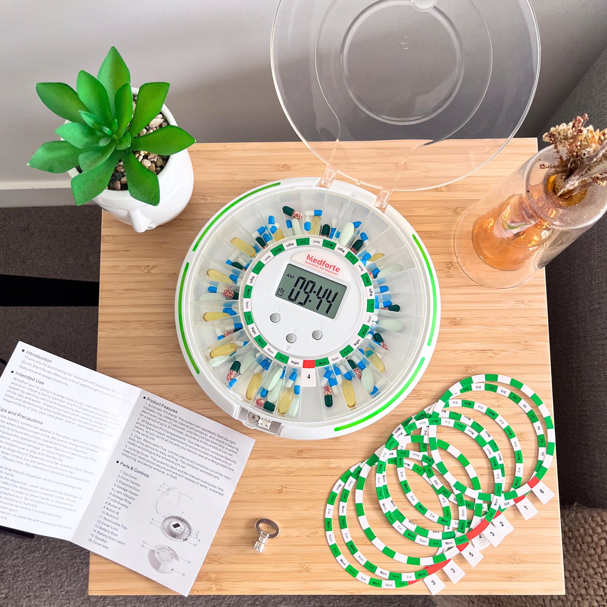 Medforte Automatic Pill Dispenser Sitting on Table with Included Accessories Medforte Automatic Pill Dispenser Sitting on Table with Included Accessories